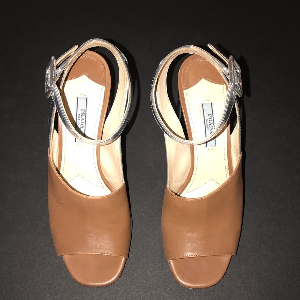 PRADA METALLIC-BROWN MID HEEL SANDALS